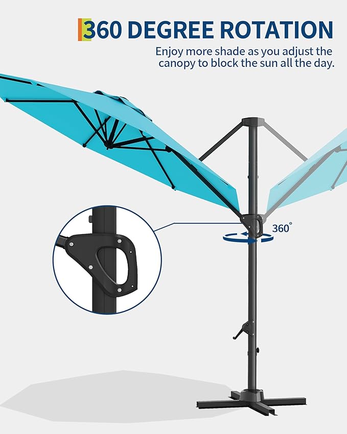 GarveeLife 10 ft Patio Umbrella Outdoor Large Cantilever w/Base Included Market Sun Shade Windproof Offset with 360-Degree Rotation for Garden Deck Pool Patio, Turquoise Blue