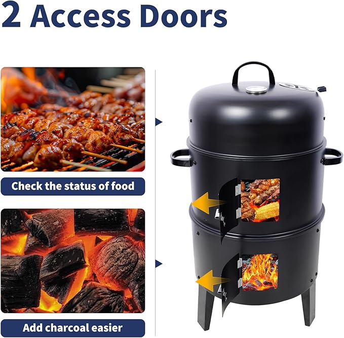 16 inch Vertical Charcoal Smoker, BBQ Grill, Fire Pit, 3-in-1 with Built-in Thermometer, Adjustable Air Vent, Idea for Parties, Backyard, Patio, Camping