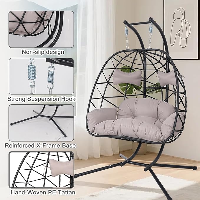 Double Egg-Shaped Hammock Chair with Stand Swing Egg Chair, Wicker Hanging Chair with Washable Cushion Sturdy Metal Stand, 600lbs Capacity for Indoor Outdoor Patio Living Room Etc(Black+Light Gray)