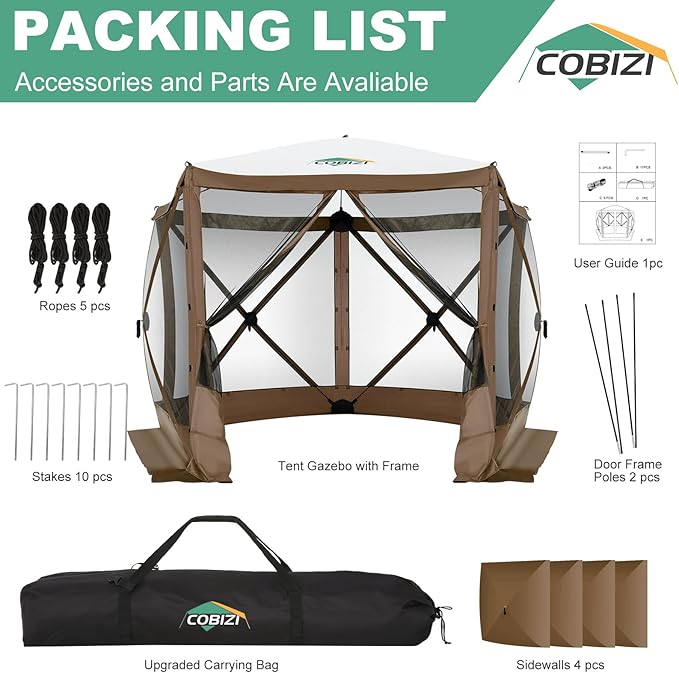 COBIZI 10x10 FT Pop up Gazebo, Popup Canopy tent,Screened In Gazebos with sidewalls, Waterproof Portable Outdoor Small Screen tents Sun Shelter,carpas para patio for Camping, Garden and Backyard,Brown