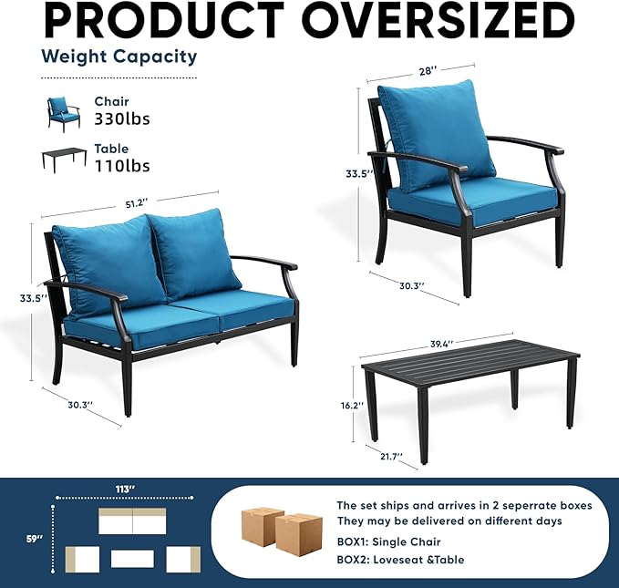 4 Piece Outdoor Patio Furniture Set, Oversized Metal Conversation Set with High Back & Deep Seating, Water-Repellent Cushions, Coffee Table for Porch, Deck, Backyard, Peacock