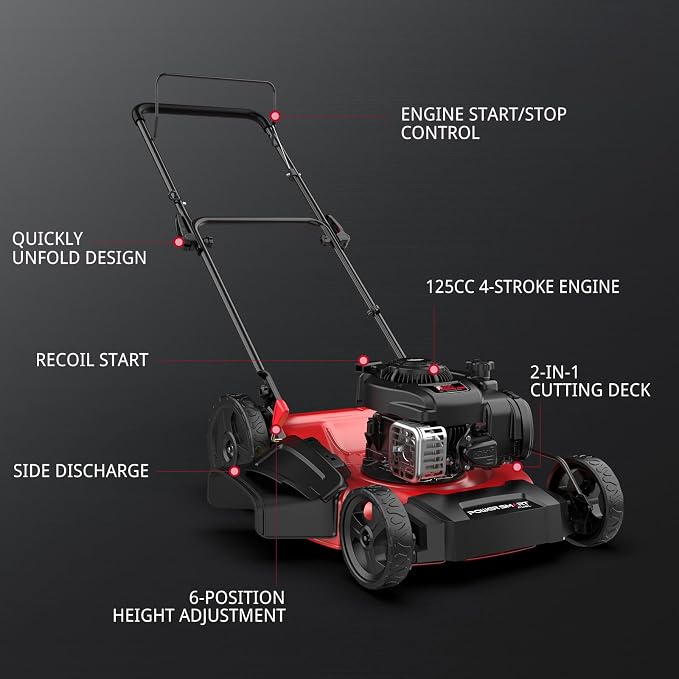 PowerSmart 21 in. Gas Lawn Mower with 125cc Briggs and Stratton E300 Engine, 2-in-1 Push Mower with Mulching & Side-Discharge, 6-Point Height of Cut