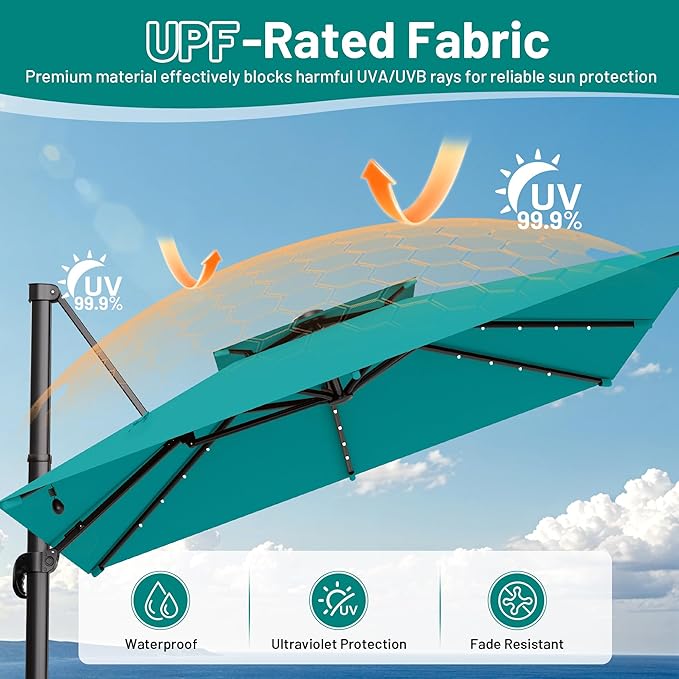 AreShark 10×10FT Solar LED Cantilever Umbrella with Base Included, Double-Top Outdoor Patio Offset with 360 Degree Rotation, Square Offset Hanging Umbrella for Garden Deck Pool, Turquoise Blue