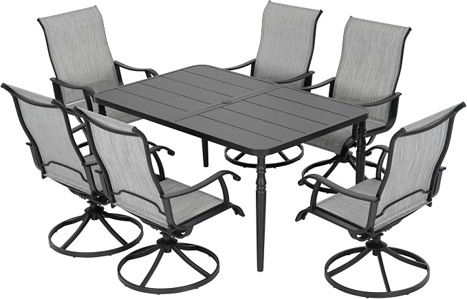 Nuu Garden 7-Piece Outdoor Dining Set, Large Metal Patio Dining Table with Umbrella Hole, Textilene Swivel Patio Chairs, Powder-Coated Patio Dining Set for Garden, Poolside, Deck, Black and Light Gray