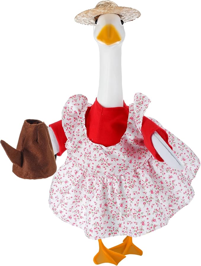 Gardener Porch Goose Outfit for 23 Inch Cement Plastic Statue, Spring Summer Goose Clothes Costume with Hat and Garden Accessories for Outdoor Yard Lawn Patio Decor