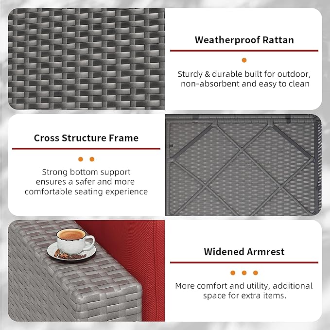 Oakcloud 7-Piece Outdoor Patio Furniture Sofa Set Grey Rattan Wicker Sectional Conversation Sets with Glass Top Table and Cushions(Red)