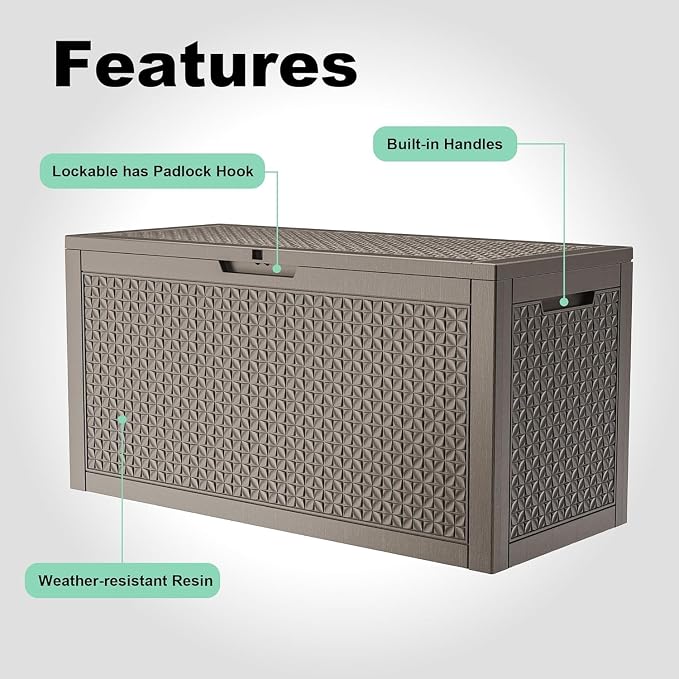 PatioZen 110 Gallon Deck Box Outdoor, Weatherproof Resin Patio Storage Box, Waterproof Outdoor Storage Boxes with Lid Lockable for Cushions, Garden Tools,Grey