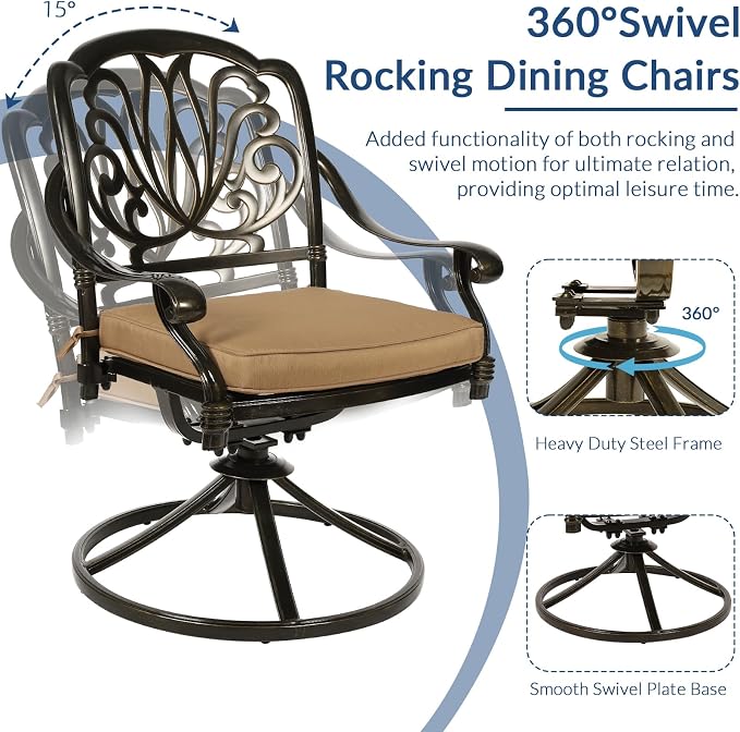 9-Piece Patio Cast Aluminum Dining Set, Outdoor Dining Furniture Set for 8 Person, Includes 64" Square Table, 4 Stationary and 4 Swivel Dining Chairs with Umbrella Hole, Tan