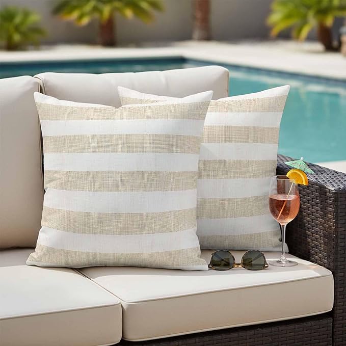 Waterproof Pillow Covers Set of 2,Vintage Yellow Stripe on Linen Outdoor Pillow Protectors with Zipper Pillowcases for Patio Tent Garden Beach 16x16 Inches Farmhouse Line