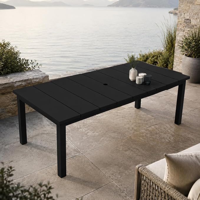 75.2" Outdoor Dining Table for 4-6 People, Patio Dining Outdoor Table with Umbrella Hole, All Weather Patio Table for Backyard, Deck and Garden, Black