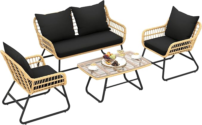 YITAHOME 4-Piece Patio Furniture Wicker Outdoor Bistro Set, All-Weather Rattan Conversation Loveseat Chairs for Backyard, Balcony and Deck with Soft Cushions and Metal Table, Light Brown+Black