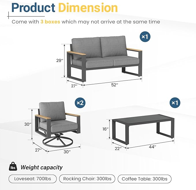 Wisteria Lane 4-Person Aluminum Patio Furniture Set with Swivel Chair, Metal Outdoor Furniture with Glass Coffee Table, Modern Patio Conversation Set for Pool Garden Porch Backyard, Grey
