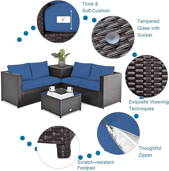 Tangkula 4 Piece Wicker Patio Set with Storage, All Weather-Proof Outdoor Conversation Set, with Loveseat, Coffee Table & Storage Box, Suitable for Garden, Poolside, Sunroom (1, Navy Blue)