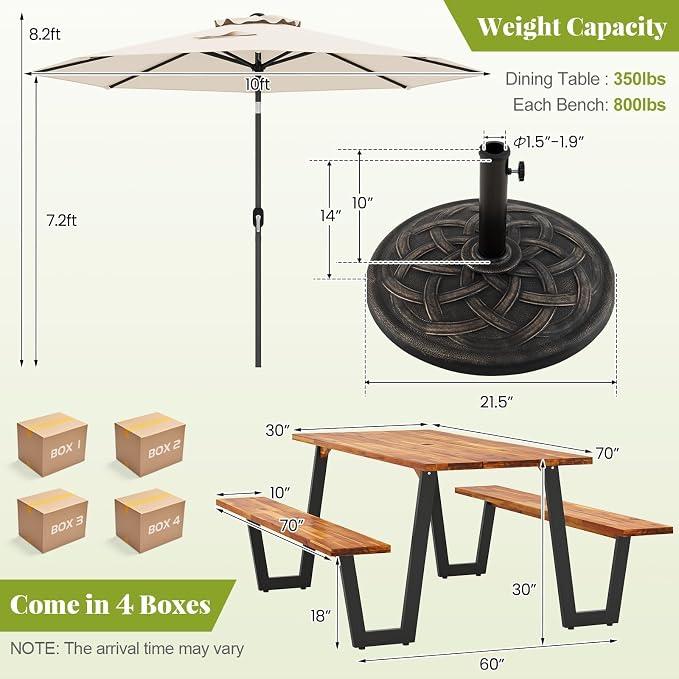 S AFSTAR 70" Acacia Wood Outdoor Picnic Table Set with 10Ft Umbrella & Base, Heavy Duty Wooden Outside Dining Table Set with Bench, All-Weather Patio Dining Set for 6, Garden, Backyard