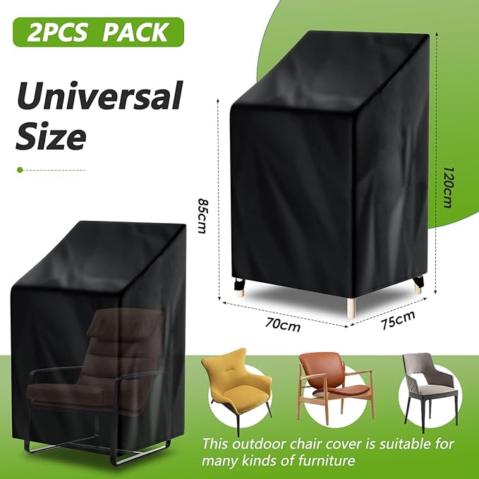 Stackable Patio Chair Cover, Waterproof Outdoor Patio Chair Covers, Lawn Patio Furniture Covers, Fits for 4-6 Stackable Outdoor Chairs & Dining Chairs (Black, 27.5"L x 29.5"W x 47"H, 2PCS)