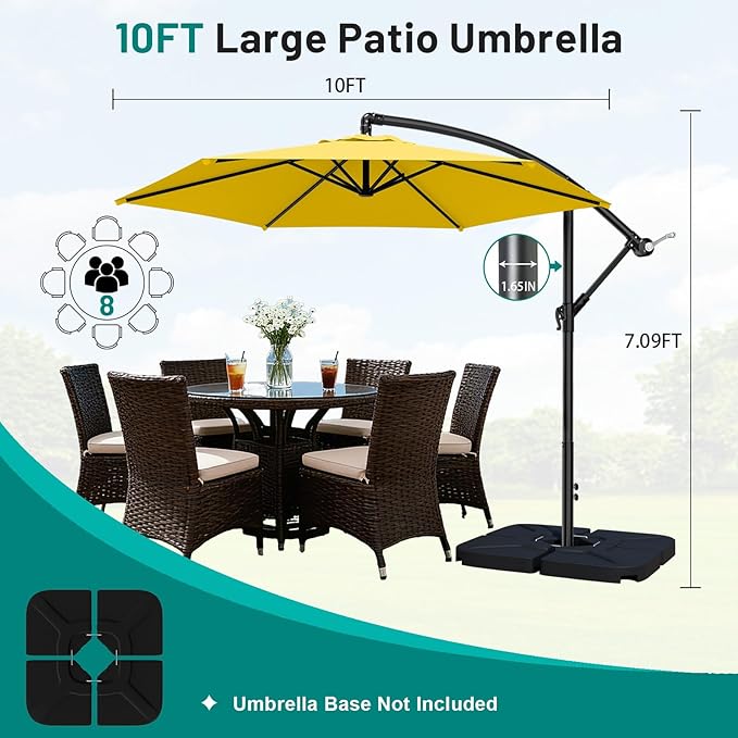 AreShark 10FT Patio Outdoor Umbrella, Offset Patio Umbrella Cantilever Umbrella, 6 Sturdy Ribs, Easy Adjustment for Garden Market Pool with Cross Base (Yellow)