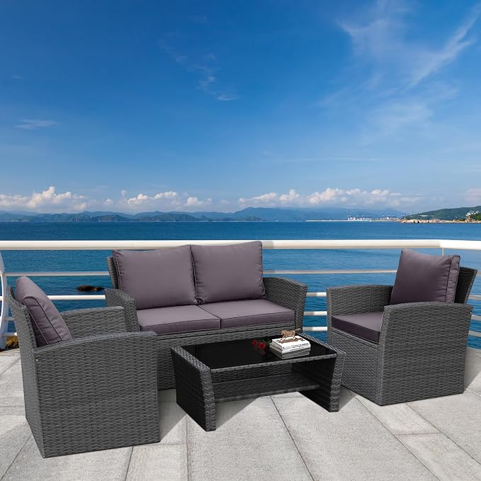 RELAX4LIFE 4 PCS Wicker Patio Furniture Set with Soft Cushions & Tempered Glass Table Outdoor Rattan Sofa Set for Backyard Garden Balcony Poolside Sectional Conversation Couch Set (Gray)