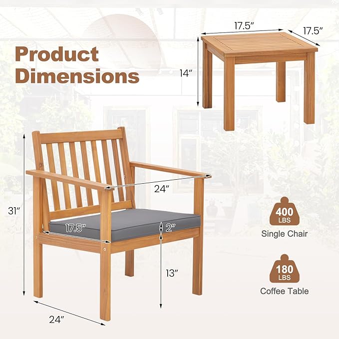 Tangkula 3 Pieces Patio Wood Furniture Set, Acacia Wood Chairs and Coffee Table Set with Soft Cushions, Slatted Design, Outdoor Furniture Set for Porch, Yard, Balcony (Grey)
