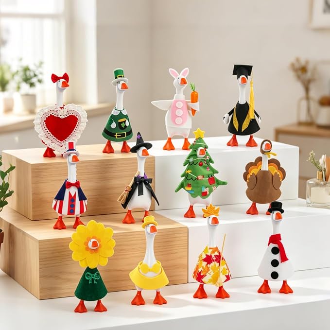 12 Set Holiday Mini Desk Goose Outfit 7 Inch Desktop Magnetic Goose Clothes | Summer Fall Halloween Christmas Winter Magnetic Geese Statue Felt Fabric Costume for Table Decor Gifts