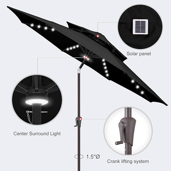 Jarka&Co 9ft Solar Patio Umbrella - 2 Tiers Solar Outdoor Umbrella with 40 LED Lights Waterprool UV Protection, Market Table Umbrella with Tilt for Backyard, Garden, Pool, Porch (Black)