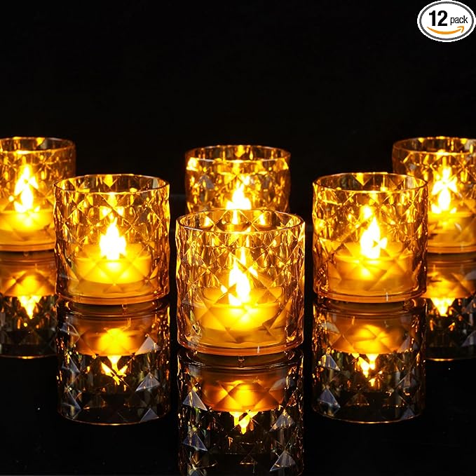 Homemory 2" x 2" Acrylic Votive Candle Holders with Auto Timer Flameless Led Tealight, Battery Powered Fake Electric Candles for Wedding Centerpiece, Table, Christmas Decor (12Pack, Gold Base)
