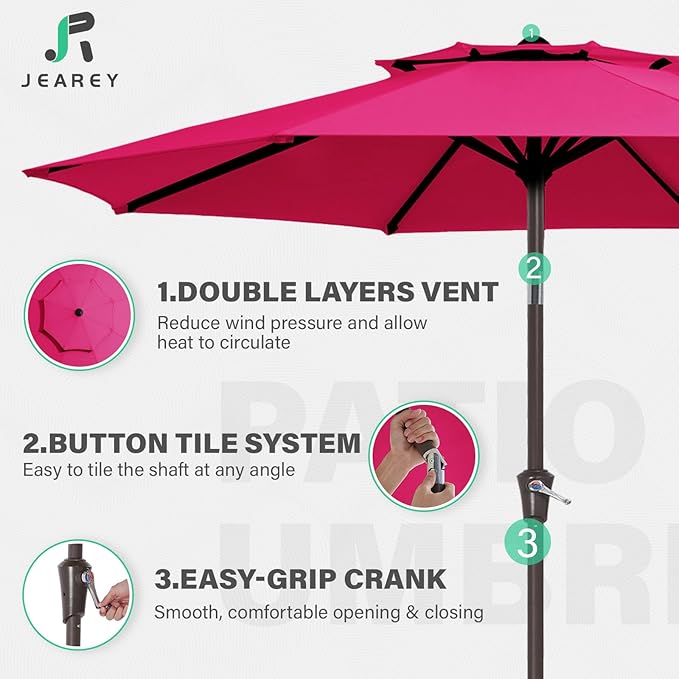 JEAREY 9' 2-Tiers Patio Umbrellas Outdoor Table Market Umbrella w/Push Button Tilt/Crank, 8 Sturdy Ribs, UV Protection Waterproof Sunproof(Rose Pink)