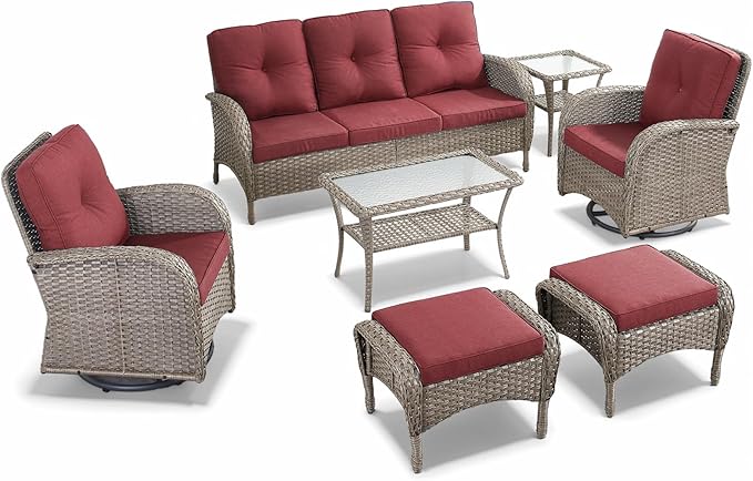 7 Pieces Outdoor Patio Furniture-Swivel Patio Chairs Set of 2 Outdoor Wicker Rattan Sofa Couch with Ottoman Outdoor Conversation Set for Deck Porch Garden Balcony Poolside-Grey/Red