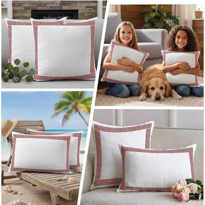 Outdoor Pillow Covers Set of 2, Greece Abstract Inspired Key Pattern Decorative Throw Pillow Covers 16X16IN, Red Twist Lines on White Throw Pillows Protector Cushion Case for Patio,Couch,Sofa,Garden