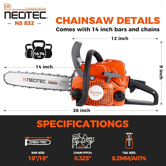 31.8cc Gas Chainsaw, 14 Inch Top Handle Chain Saw, Ergonomic Gas Powered Saw for Home & Outdoor Wood Cutting Tasks, NS832