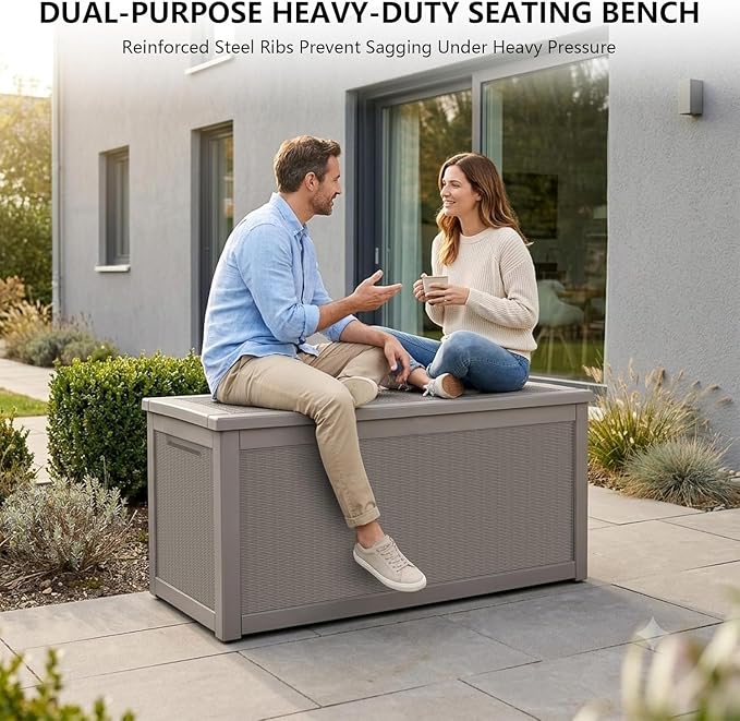 320 Gallon Outdoor Storage Box, Waterproof Resin Deck Box with Lockable Lid Large Storage Bin for Patio Furniture Cushion, Garden Tools, Pool Accessories UV-Resistant Outside Delivery, Gray