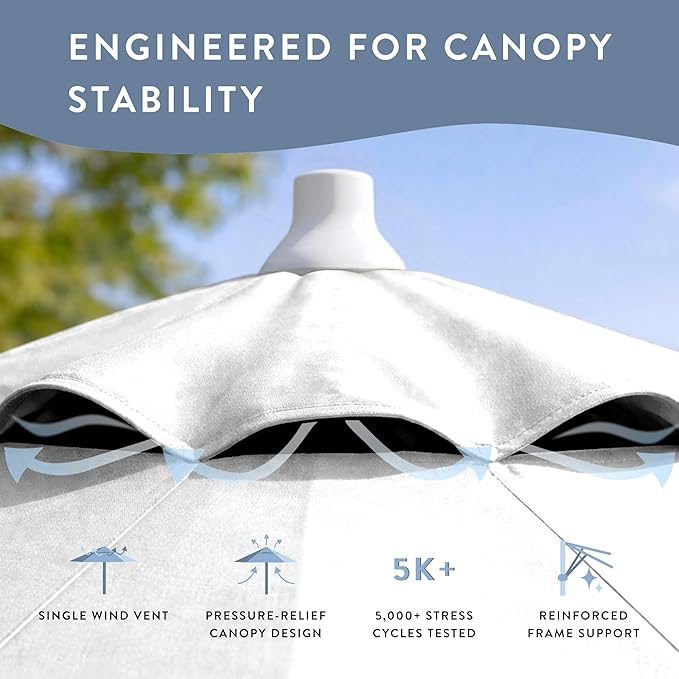 California Umbrella 10-Year Protection 9 Ft Outdoor Patio Umbrella, Pacifica Fade-Resistant Fabric, Auto-Tilt, Heavy Duty Aluminum Frame, 8 Reinforced Ribs for Pool or Deck, White Pole, Natural