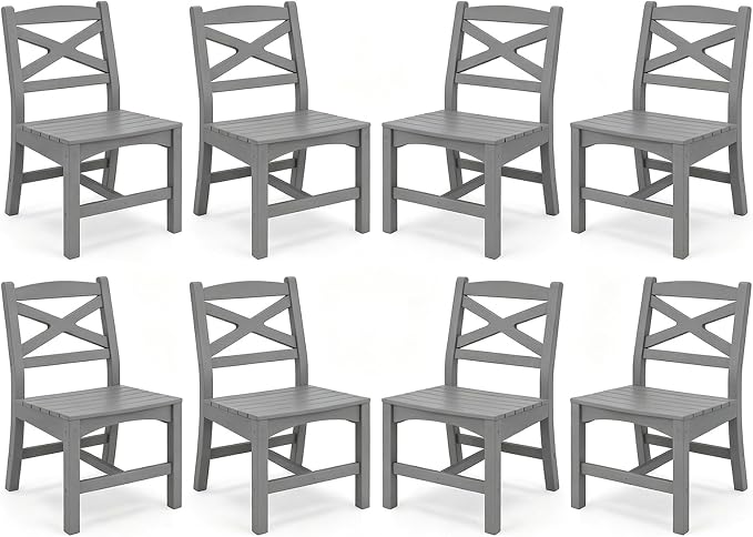 Outdoor Armless Dining Chairs Set of 8,HDPE Patio Chairs with Wide Seat,All-Weather HDPE Patio Armless Chairs for Porch, Backyard, Deck, White and Grey, Table not Included