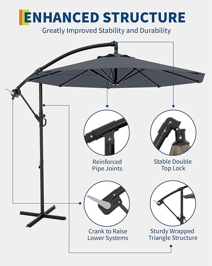 IDEALHOUSE 10FT Offset Cantilever Patio Umbrella with Cross Base, Large Outdoor Umbrella with Infinite Tilt & Crank Lift, UPF 50+ Fade-Resistant Fabric, Vented Canopy for Garden, Deck, Backyard