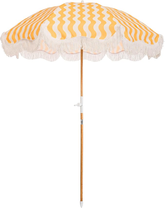 Business & Pleasure Co. Holiday Umbrella - Boho Beach Umbrella with White Fringe, UPF 50+, 1" Tilting Wood Pole, 5’ x 6.5’, Ocean Mimosa Stripe