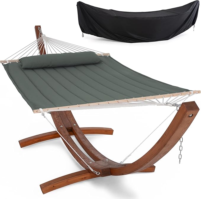 SUNCREAT Hammocks for Outside with Stand, Hammock Cover, Extra Large Double Hammock with Wooden Stand, Gray Green