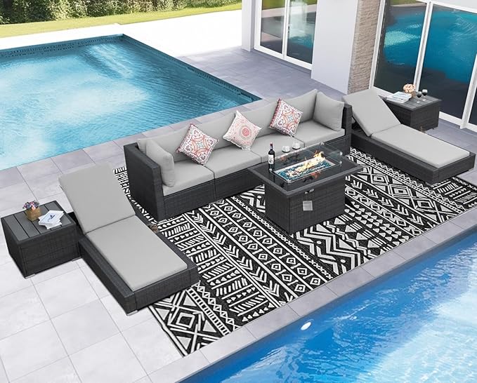 NICESOUL 9 Piece Outdoor Patio Sectional Furniture Sofa Set with Fire Pit Natural Gas/Propane, 29.3'' High Backrest XL Large Conversation, Wide&Deep Seating Comfy Wicker Sectionals with Chaise Lounge