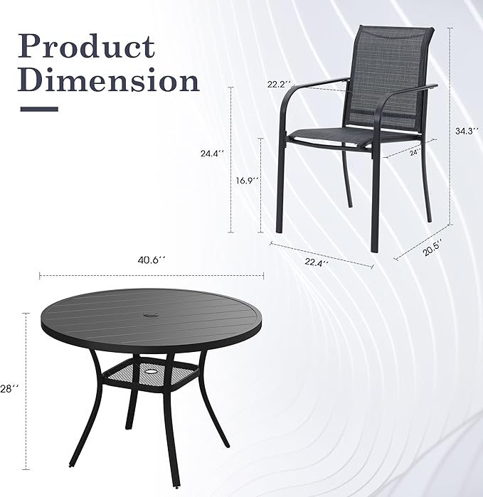 5 Pieces Outdoor Dining Set, Stackable Textilene Patio Chairs & 40.6" Round Dining Table with Umbrella Hole and Shelf, Patio Dining Set for Backyard, Deck, Garden, Grey & Black