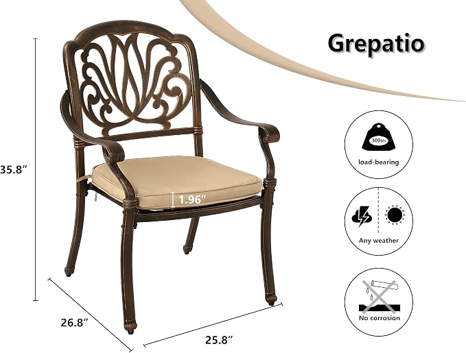 Grepatio 2 Piece Outdoor Cast Aluminum Dining Chairs, Patio Bistro Chair Set of 2, Modern Patterned Back Metal Chairs with Cushion, Antique Bronze (Khaki)