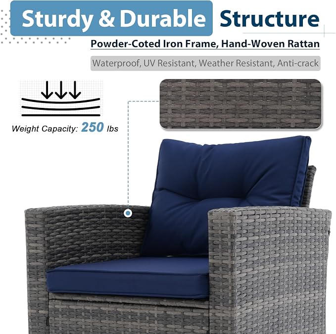 JOIVI 8 Pieces Outdoor Patio Furniture Set with Height-Adjustable Lifting Dining Table, Wicker Sectional Furniture Sofa Set with Storage Box, Patio Conversation Set for Backyard, Deck, Navy Blue
