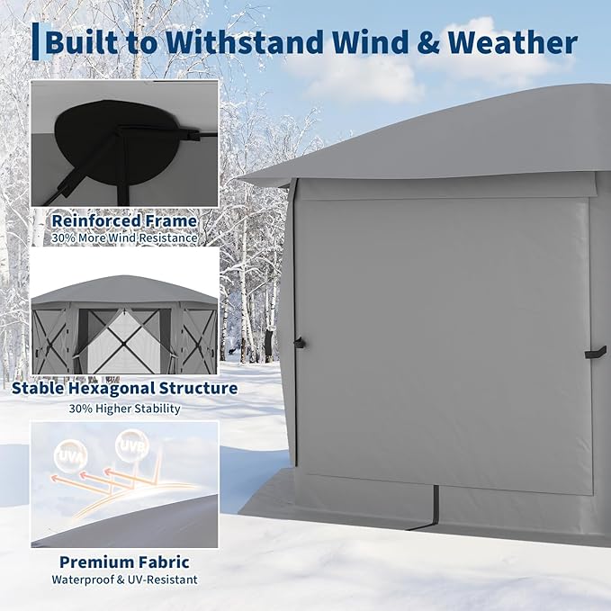 GarveeLife 13x13FT 6-Sided Pop Up Gazebo Tent，One-Push Setup Canopy Tent with Removable Canopy Top & Wind Cloths, Outdoor shelter for Camping, Backyard Parties, Outdoor Events - Grey