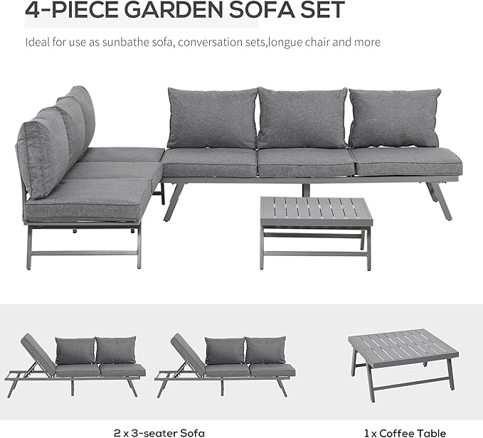 Outsunny 3 Pieces Patio Sofa Furniture Set, 2 Convertible Couch Chaise Lounge Chairs, 1 Coffee Table, Throw Pillows, Water-Repellent Cushions, Grey