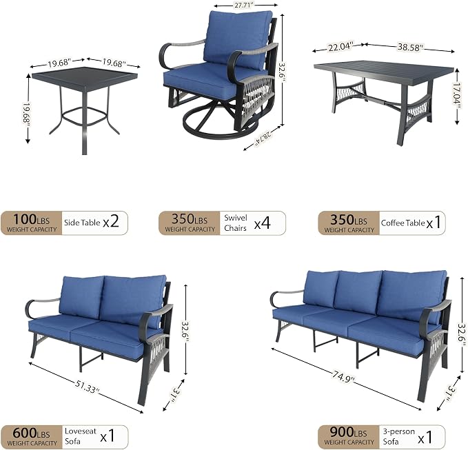 9 Pieces Patio Furniture Set, Metal Outdoor Conversation Sets with Swivel Chairs, Modern Couch Sofa Seating Group with Coffee Table and Side Table (Thick Blue Cushions)
