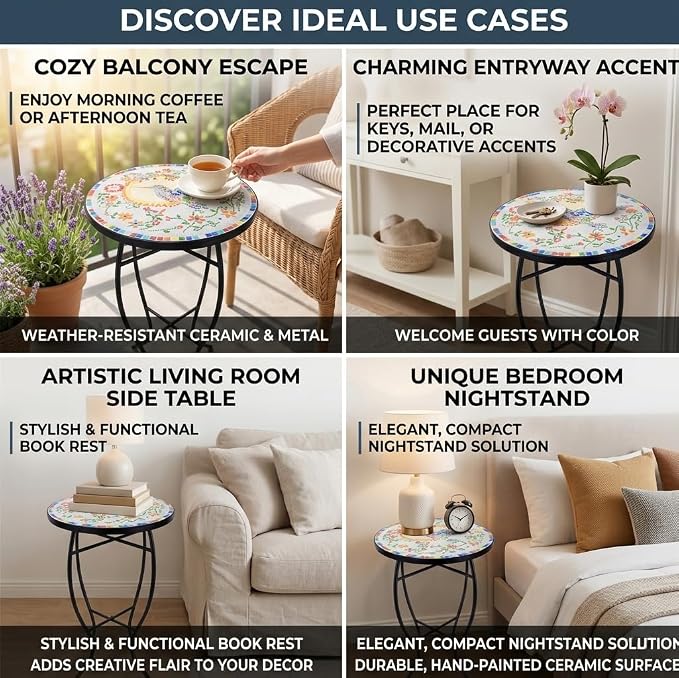 Mosaic Outdoor Side Table Small Round Patio Table Plant Stand | 21" Accent End Table with 14" Ceramic Tile Top for Small Spaces Porch Pool Garden Decor Indoor Living Room Bedroom Balcony