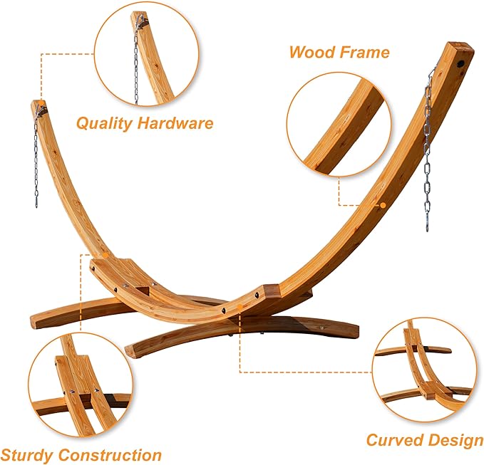 Lazy Daze Hammocks 12 FT Double Quilted Fabric Hammock and 13 FT Natural Wood Arc Stand, with Spreader Bar, Removable Pillow, 2 Person Hammock for Poolside Outdoor Patio, 450 lbs Capacity, Navy Blue
