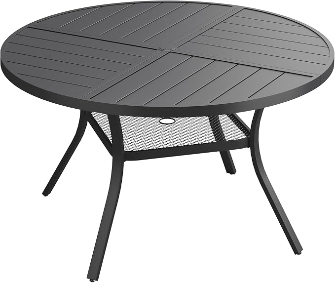 47.2" Outdoor Dining Table with Adjustable Umbrella Hole, Metal Slatted Round Patio Dining Table for Backyard Garden Deck, Black