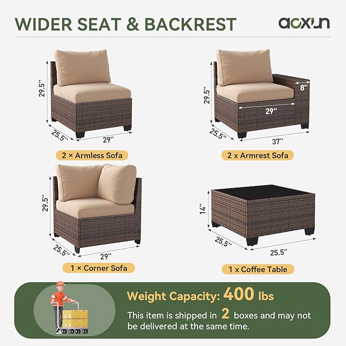 Aoxun Patio Fruniture Sets, Wicker Outdoor Patio Furniture Set with 4 in Thick Cushions and Widen Armrests, All-Weather Outdoor Sectional for Backyard, Garden and Poolside (Waterproof Cover Included)