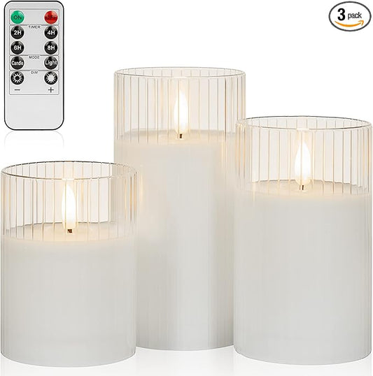 ANGELLOONG White Flameless Candles with Timer, Glass Flickering LED Candle with Remote, Set of 3 Battery Operated Pillar Candles for Bathroom Bathtub Home Decor Wedding Birthday Decoration
