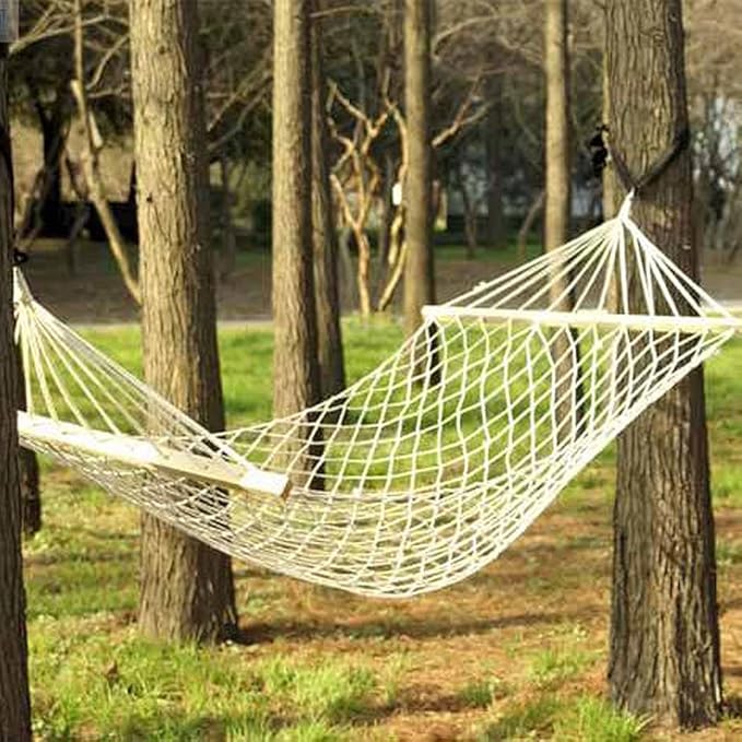 Vintage Hammock, Wood Pole Cotton Rope Hammock Bed with Rope,2-Person Woven Cotton Rope Double Hammock for Backyard,White