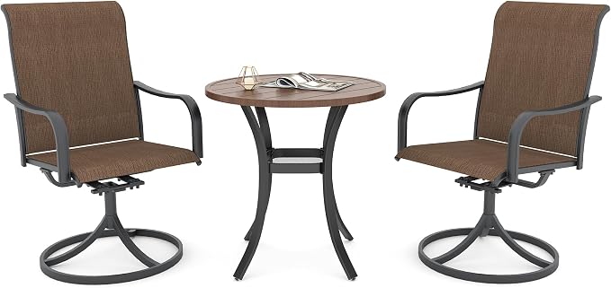 Anmutig 27.5 Inch Brown Outdoor Patio Round Table with 2 Brown Yellow Swivel Chairs - Style2
