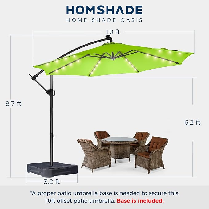 HOMSHADE 10ft Solar Lights Offset Cantilever Patio Umbrella - with Light and Base, LED Lighted Offset Hanging Patio Outdoor Market Umbrella UPF50+ UV Protection with Easy Tilt and Crank (Apple Green)